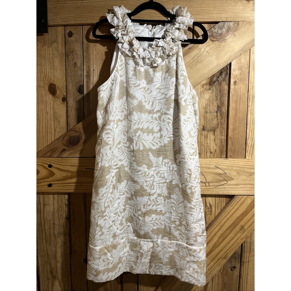 London Times Petites Beige Tan Sleeveless Ruffled‎ Neck Dress Size 14P A-Line